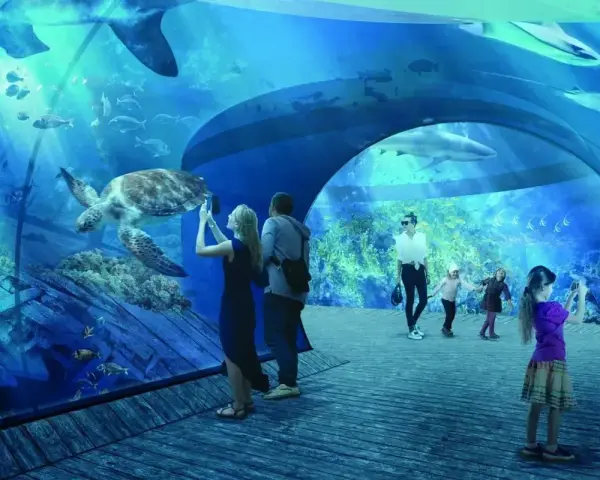 Rodzina podziwia żółwia i rekiny w oceanarium w Gdańsku, robiąc zdjęcia.