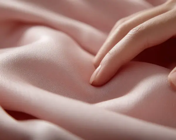 Dedos acarician un suave tejido cupro que se arruga delicadamente, creando un juego de luces y sombras.