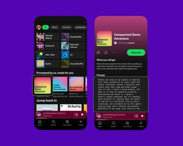 Spotify-App zeigt eine "daily playlist" namens "Unexpected Genre Adventure". Nutzer können neue Musik entdecken.