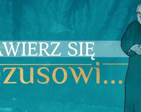 Grafika z napisem "Zawierz się Jezusowi..." i postacią księdza. Modlitwa "Jezu, Ty się tym zajmij" jest tu kluczowa.