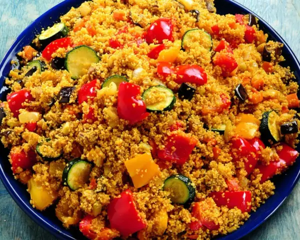 Un piatto colorato di cous cous con verdure miste: peperoni rossi e gialli, zucchine e melanzane.