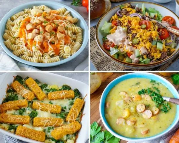 Was koche ich am Wochenende? Vier leckere Ideen: Nudeln mit Soße, Salat, Auflauf mit Fischstäbchen und Gemüse, und eine cremige Kartoffelsuppe.