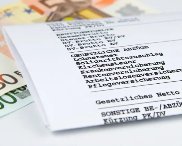 Ausschnitt einer Gehaltsabrechnung mit Posten wie Lohnsteuer, Kirchensteuer und Sozialabgaben. Daneben liegen Euro-Scheine.