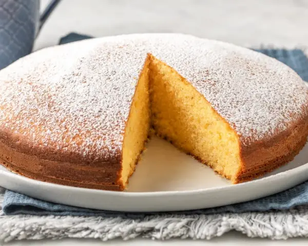 Torta soffice allo yogurt greco, cosparsa di zucchero a velo, con una fetta tagliata che ne rivela l'interno dorato.