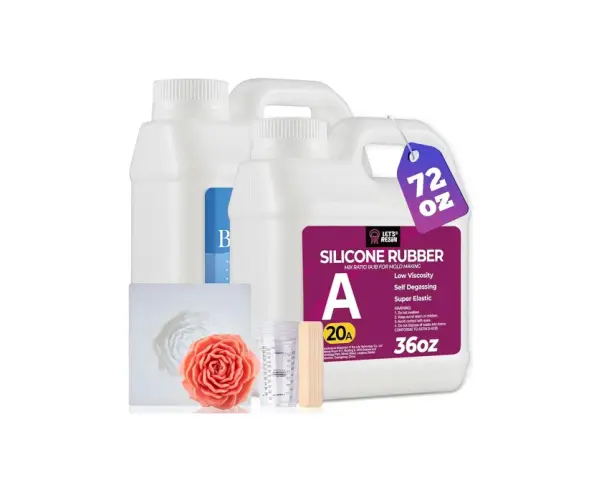 Silicone rubber kit for mold making, featuring two bottles, measuring cups, and wooden stirrers.