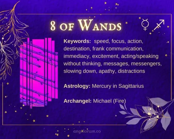 8 Buław Tarot: pionowe, fioletowe karty z tekstem i złotymi zdobieniami.