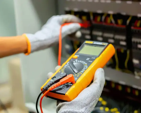Elektryk sprawdza instalację multimetrem. Poznaj wymiana instalacji elektrycznej koszt i dowiedz się, jak uniknąć nieprzewidzianych wydatków.