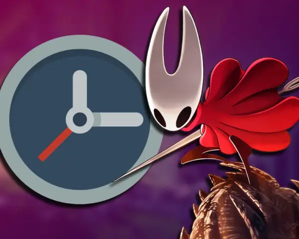Reloj junto a Hornet de Hollow Knight. ¿Cuánto dura Hollow Knight? Averigua el tiempo de juego.