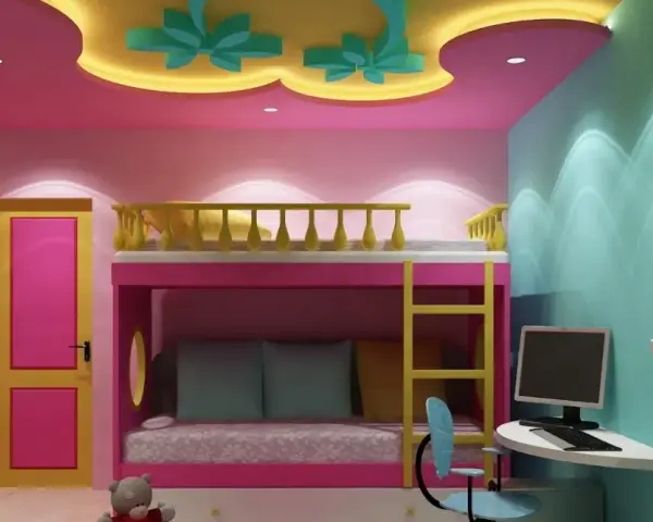 Cameretta con letto a castello, scrivania e decorazioni a soffitto. Idee cartongesso cameretta per un ambiente colorato e funzionale.