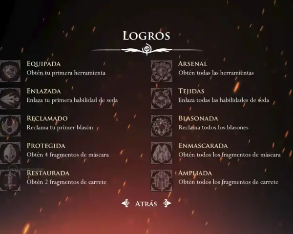 Pantalla de logros de Hollow Knight, mostrando la progresión en herramientas, habilidades y coleccionables.