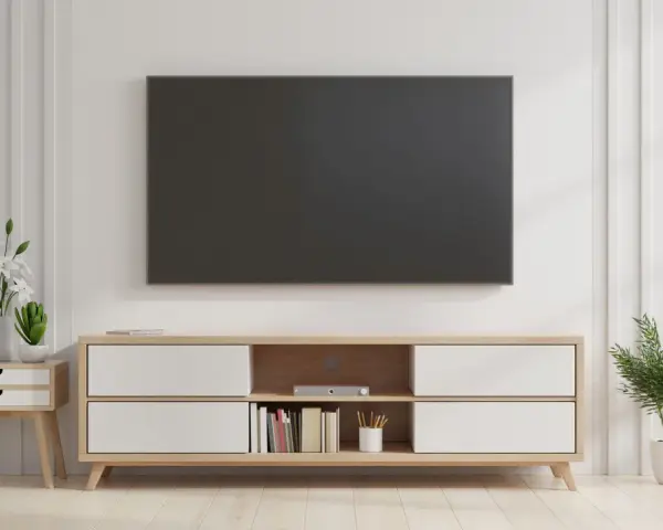Un salón moderno con una tv colgada en la pared sin cables visibles. Un mueble bajo de madera clara con cajones blancos y estantes con libros y plantas.