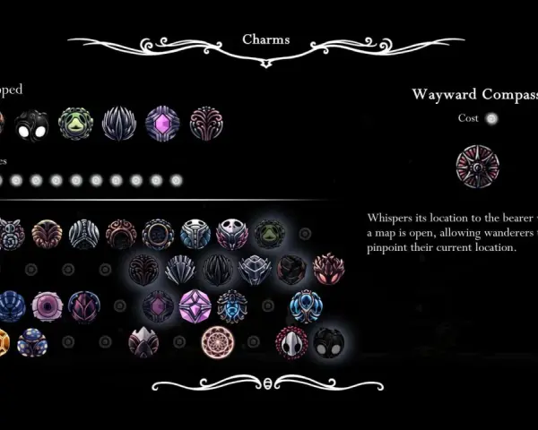 Inventario de amuletos Hollow Knight. Se muestran los amuletos equipados y disponibles, incluyendo el Wayward Compass.
