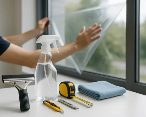 Person bringt Fensterfolie an. Werkzeuge wie Rakel, Sprühflasche, Cutter, Maßband und Tuch liegen bereit.
