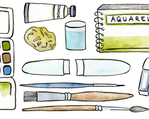 Palette d'aquarelle, pinceaux, tube de gouache, carnet, gomme, crayons et stylos. Tout le materiel paysage pour peindre.
