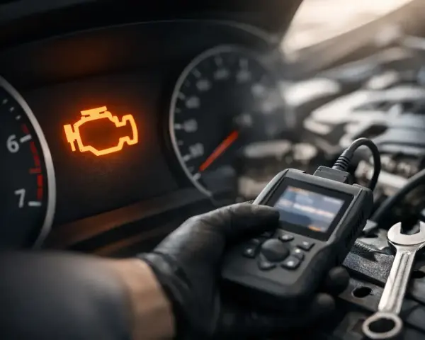 Motorkontrollleuchte leuchtet auf, ein Mechaniker prüft mit einem Diagnosegerät, ob der Katalysator defekt ist.