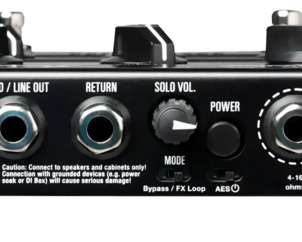 Rückseite eines Hughes & Kettner Stompman mit Anschlüssen für Input, Send/Line Out, Return, Solo Vol., Power und Lautsprecher.