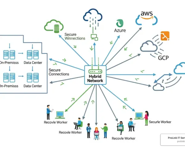 Diagram illustrating network management definition: a hybrid network connects on-premises data centers, remote workers, and cloud services like AWS, Azure, and GCP via secure connections.