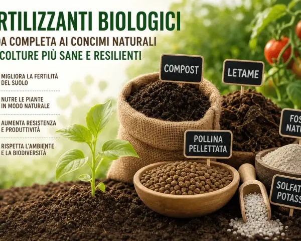 Fertilizzanti biologici: compost, letame, pollina pellettata, fosfati naturali e solfato di potassio per colture sane e resilienti.