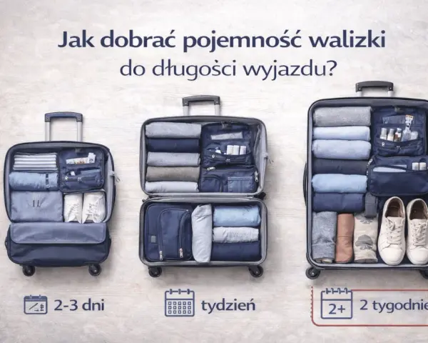 Trzy otwarte walizki z ubraniami i akcesoriami, pokazujące różną pojemność.