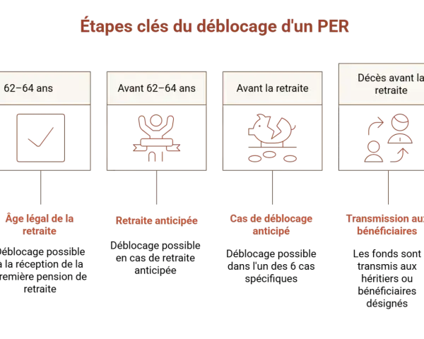 Les étapes clés du déblocage d'un PER : âge légal, retraite anticipée, cas de déblocage anticipé, décès avant la retraite.