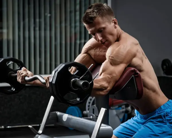 Mężczyzna wykonuje ćwiczenia na biceps i triceps z użyciem sztangi łamanej na modlitewniku.