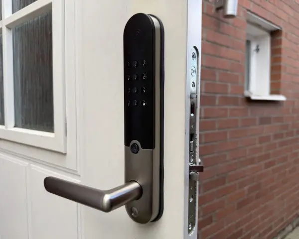 Yale Doorman, en smart lås som kan styras med Google Home, monterad på en vit dörr.