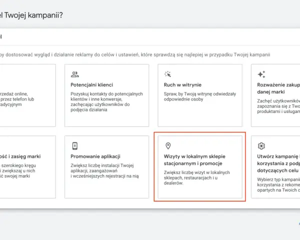 Wybór celu kampanii lokalnej Google Ads: wizyty w sklepie stacjonarnym i promocje.