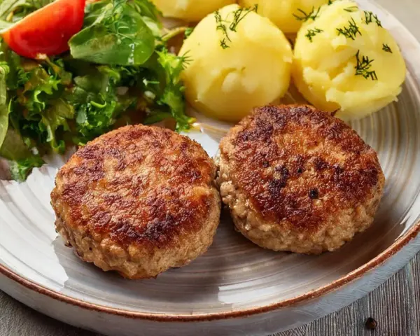 Dwa apetyczne kotlety mielone z airfryer, podane z ziemniakami i świeżą sałatką.