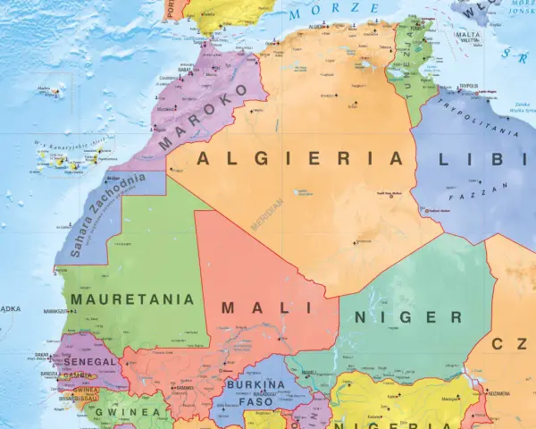 Mapa polityczna północno-zachodniej Afryki, pokazująca wszystkie kraje afryki, w tym Maroko, Algierię, Libię, Mauretanię, Mali, Niger, Czad, Senegal, Gwineę.