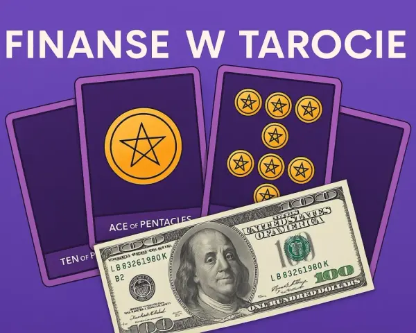 Karty tarota z pentaklami i banknot 100 dolarów. Symbolizuje to bogactwo i stabilność finansową, jak w karcie 9 pentakli.