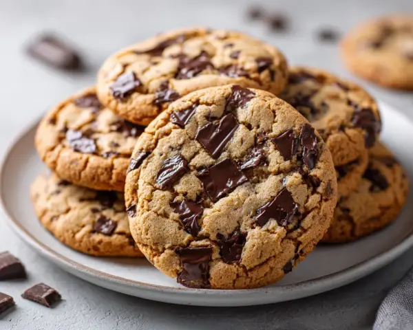 En hög med nybakade chocolate chip cookies, perfekta för ett enkelt recept.