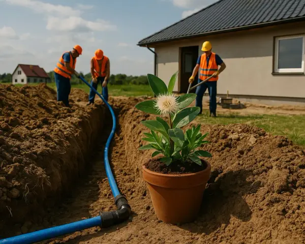 Pracownicy w kamizelkach wykonują przyłącze wody, układając niebieską rurę w wykopie. W doniczce obok rośnie kwiat.