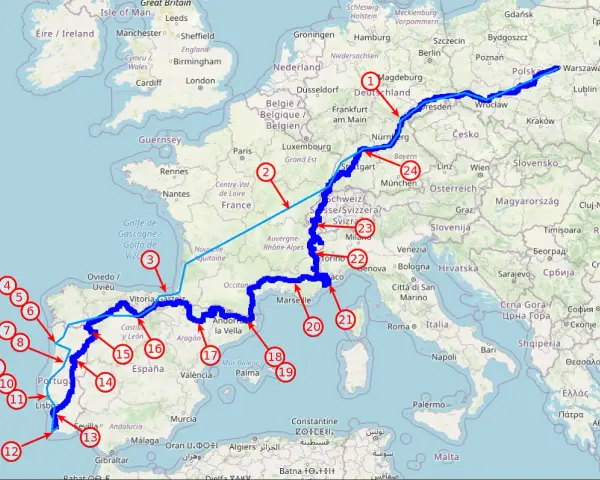 Trasa z Magdeburga do Lizbony, obejmująca wybrzeże lizbońskie, z zaznaczonymi punktami i miastami Europy.