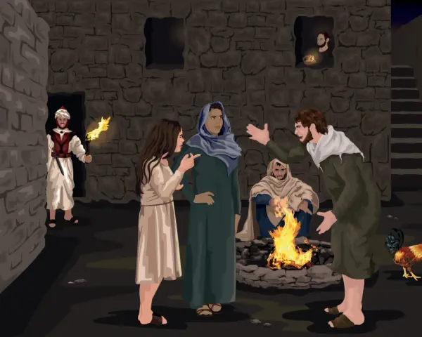 A man with a torch approaches a group gathered around a fire. Blessed are those who are persecuted for righteousness' sake.