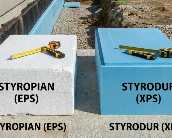 Porównanie styropianu (EPS) i styroduru (XPS) na podłogę. Oba materiały izolacyjne, biały i niebieski, leżą obok siebie z miarką i nożem.