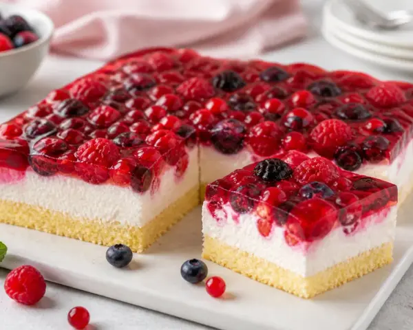 Saftige beerentorte ohne backen mit Himbeeren, Blaubeeren und Johannisbeeren in klarem Gelee auf luftiger Creme.