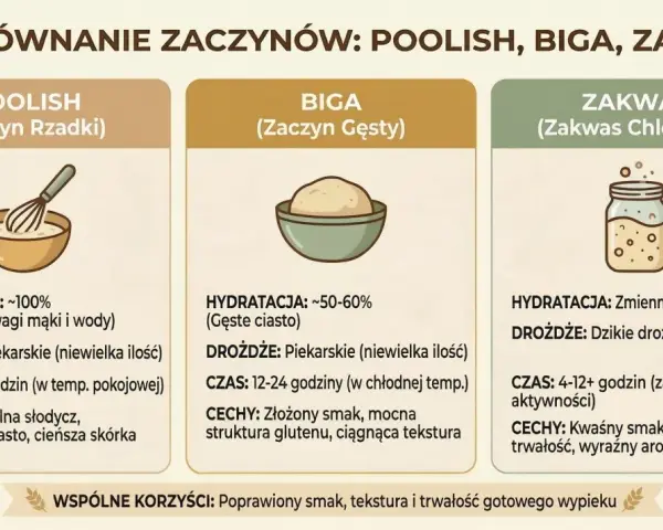 Porównanie zaczynów: poolish, biga, zakwas. Dowiedz się, jakie drożdże do chleba wybrać, by uzyskać najlepszy smak i teksturę wypieku.