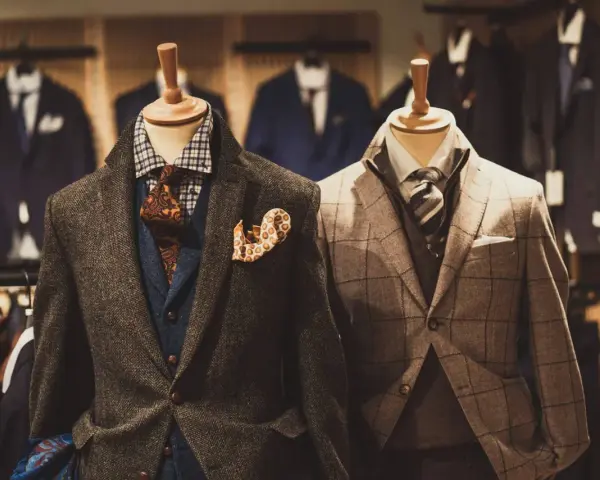Eleganckie męskie garnitury w różnych kolorach i wzorach, prezentowane na manekinach. W tle widać więcej stylizacji.