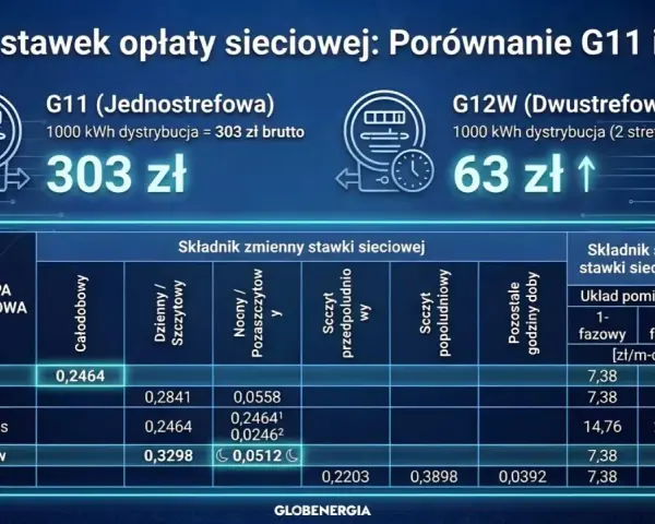 Taryfa nocna w G12w obowiązuje w godzinach pozaszczytowych, a jej stawka to 0,0512 zł.