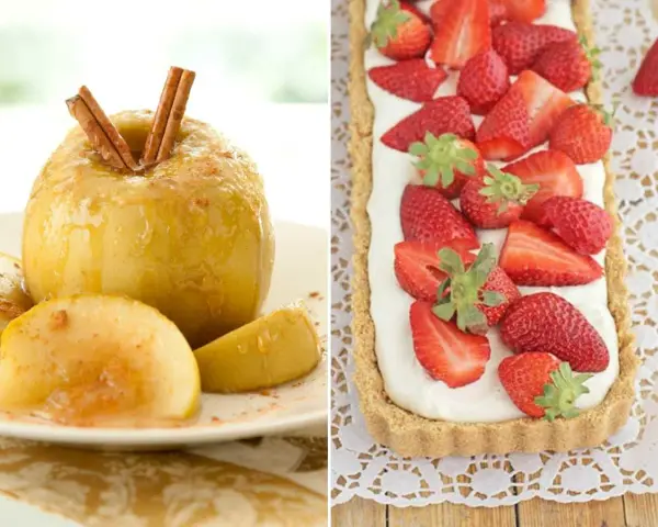 Manzana asada con canela y tarta de fresas con crema.