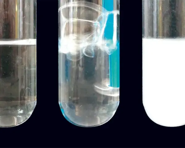 Drei Reagenzgläser zeigen eine klare Flüssigkeit, sprudelnde Flüssigkeit und eine milchige Flüssigkeit. Dies ist eine kalkwasserprobe.