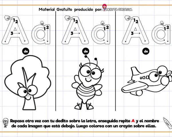 Ejercicios de grafomotricidad vocales: A de árbol, A de abeja, A de avión. ¡Practica la letra A!