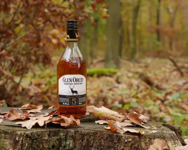 Glen Orchy Whisky steht auf einem Baumstumpf im Herbstwald, umgeben von Laub.