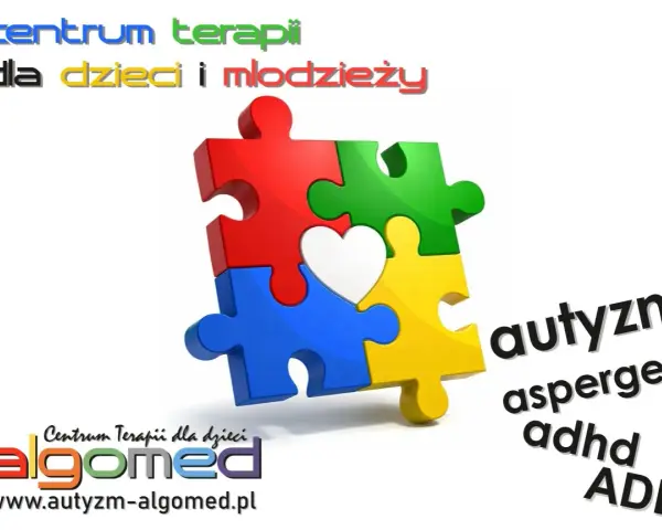 Kolorowe puzzle tworzą serce, symbolizując nadzieję i wsparcie. Centrum terapii dla dzieci i młodzieży oferuje pomoc w zakresie autyzmu, aspergera, adhd i add.