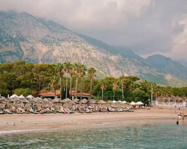 Plaża w Turcji z leżakami, palmami i górami w tle.