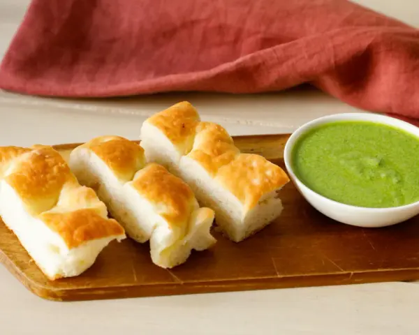 Focaccia tagliata a pezzi su tagliere di legno, accanto a una ciotola di pesto di salvia.