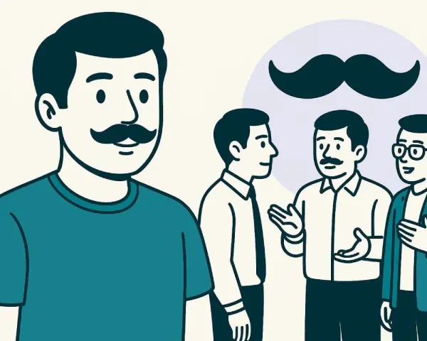 Hombres con bigote conversan. Uno al frente, tres al fondo con un gran bigote flotando. Celebrando el Movember que es.