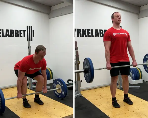 Man utför marklyft i gym. Bilden visar startpositionen och slutpositionen för en repetition i ett marklyft program.