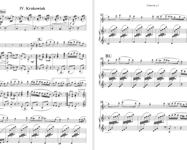 Fragment nut fortepianowych z oznaczeniem "IV. Krakowiak" i "Intro".