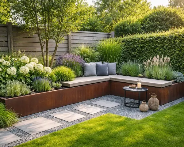Eine tote Ecke im Garten gestalten: Eine L-förmige Holzbank mit Kissen, umgeben von Gräsern, Hortensien und Lavendel, schafft eine gemütliche Sitzecke.